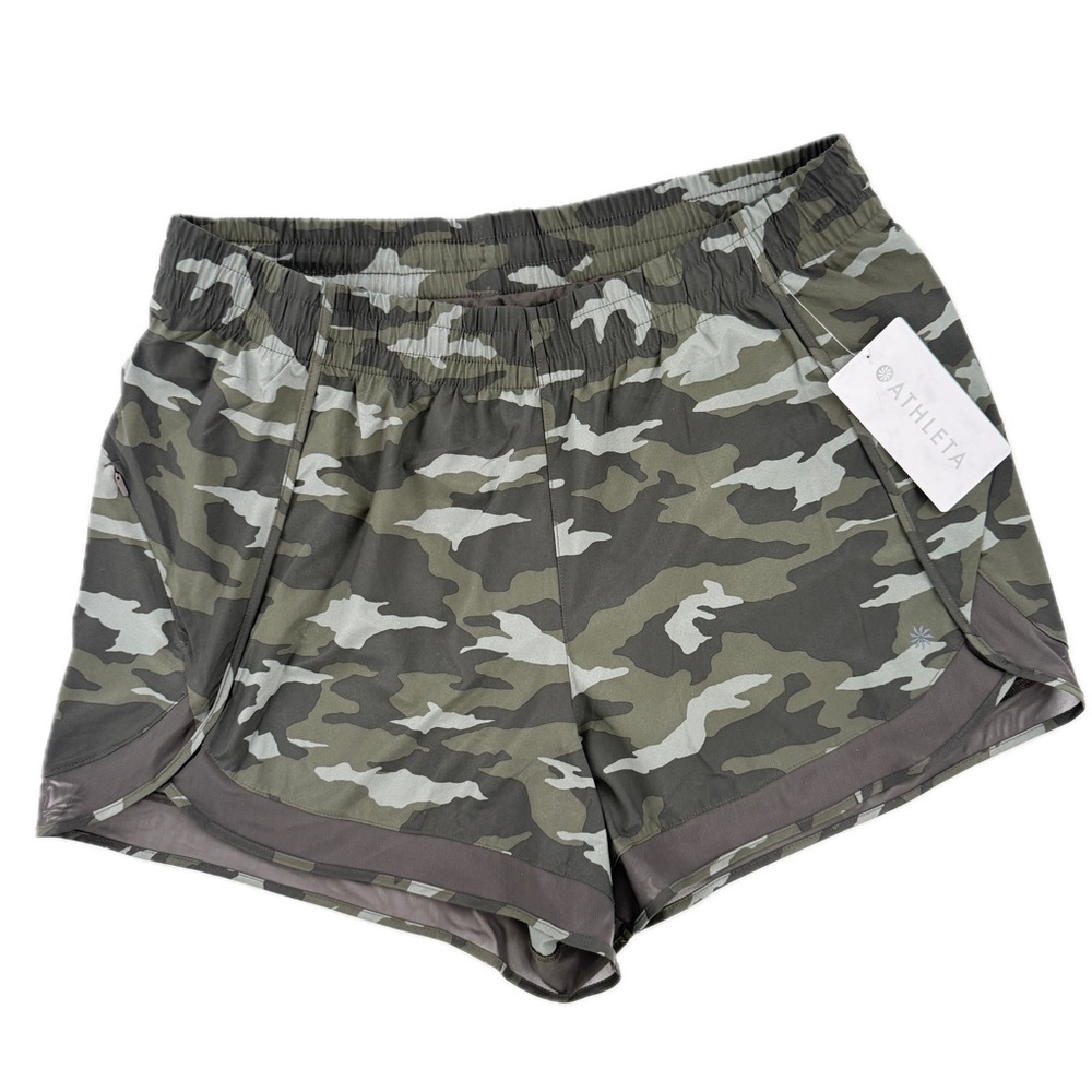 ATHLETA Printed Mesh Racer Run Short 4" Olive Camouflage Plus Size 1X, NWT NEW